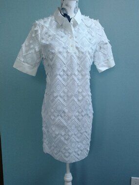 Banana Republic Embroidered Fringe Polo Collar Shift Dress White XS P